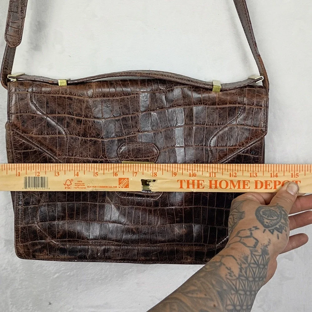 Foley‎ + Corinna Brown Croc Embossed Leather Satchel Shoulder Bag Brass Hardware